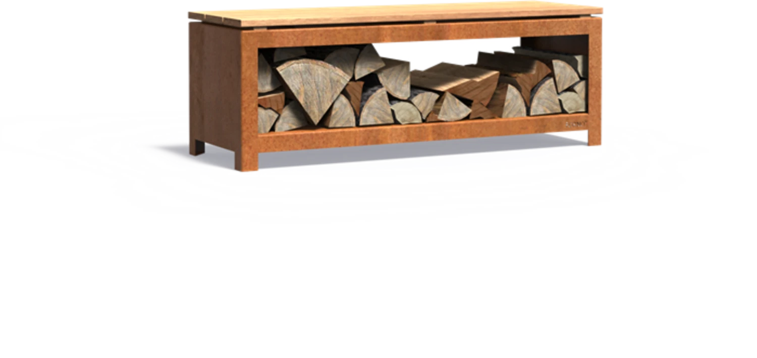 Holzaufbewahrung Mit Sitzfläche - Cortenstahl, 120 X 40 X 43 Cm 5 Holzaufbewahrung Mit Sitzfläche - Cortenstahl, 120 X 40 X 43 Cm – Bild 3