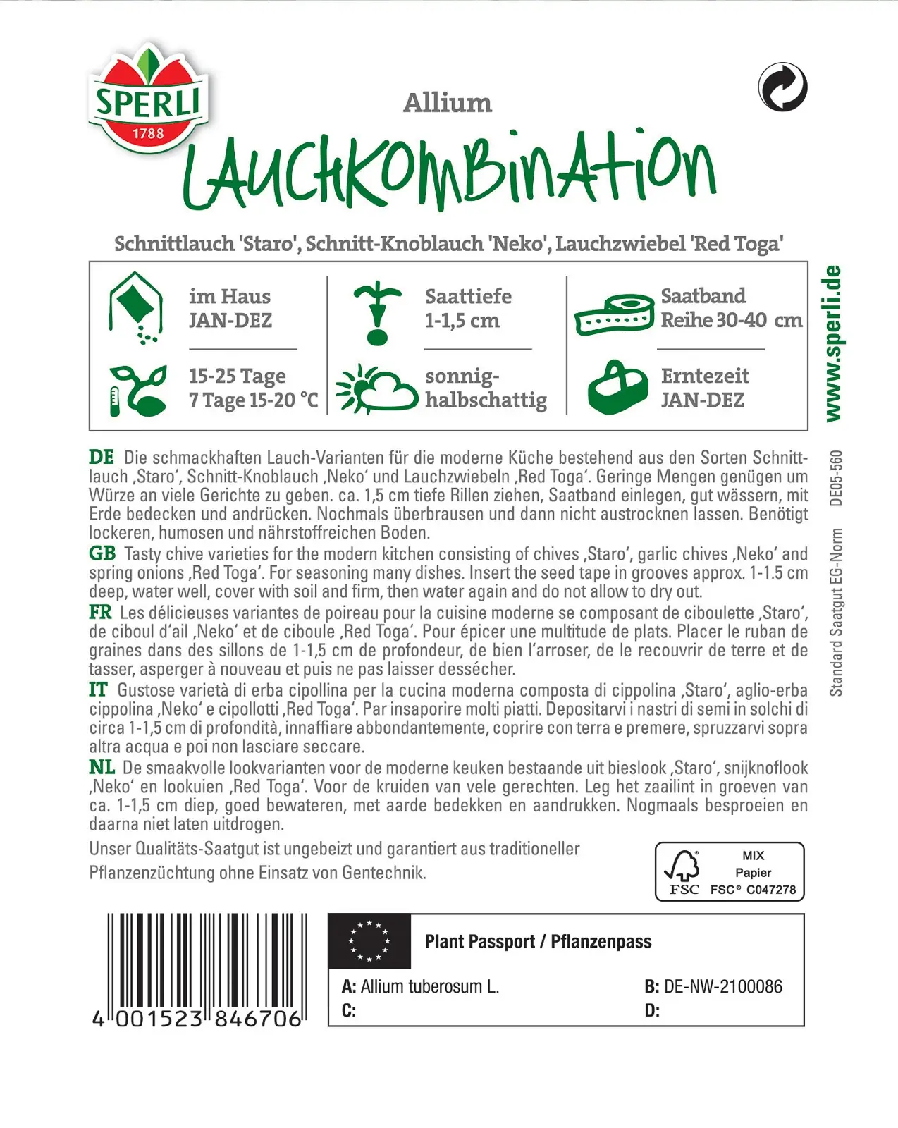 Schnittlauch "Lauch-Kombination" 5m Saatband 3 Schnittlauch "Lauch-Kombination" 5m Saatband
